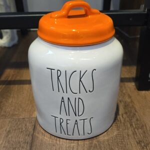 Rae Dunn White and Orange Tricks and Treats Jar